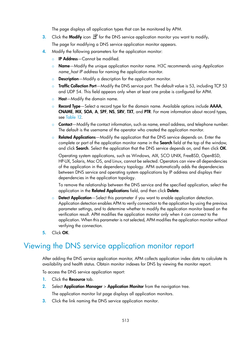 Viewing the dns service application monitor report | H3C Technologies H3C Intelligent Management Center User Manual | Page 527 / 740