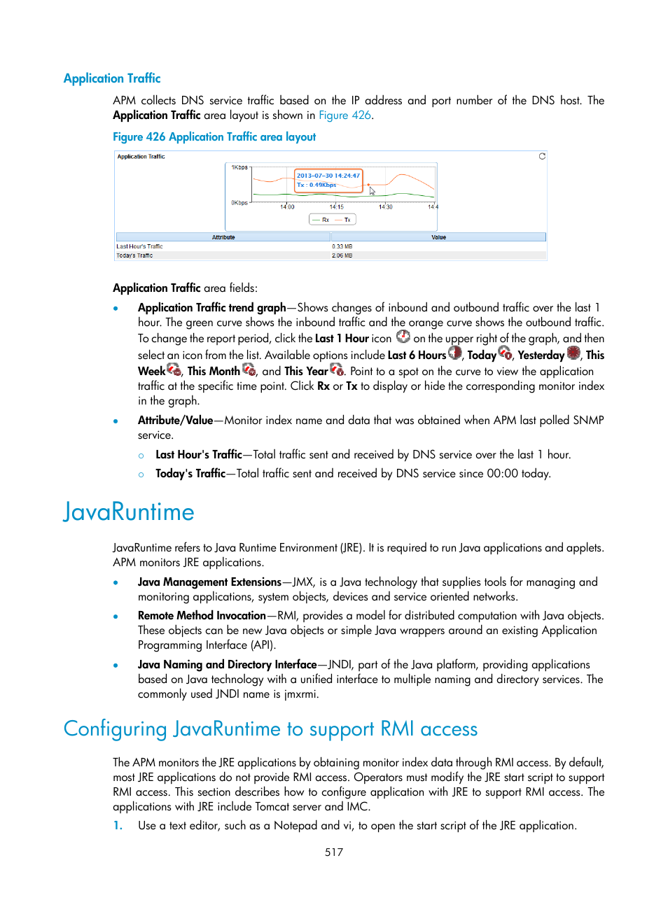 Application traffic, Javaruntime, Configuring javaruntime to support rmi access | H3C Technologies H3C Intelligent Management Center User Manual | Page 531 / 740