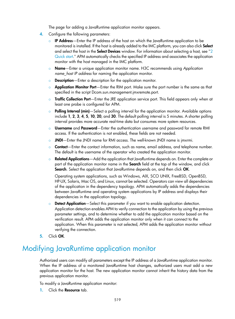 Modifying javaruntime application monitor | H3C Technologies H3C Intelligent Management Center User Manual | Page 533 / 740