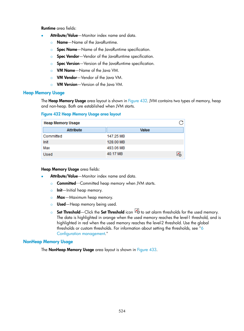Heap memory usage, Nonheap memory usage | H3C Technologies H3C Intelligent Management Center User Manual | Page 538 / 740