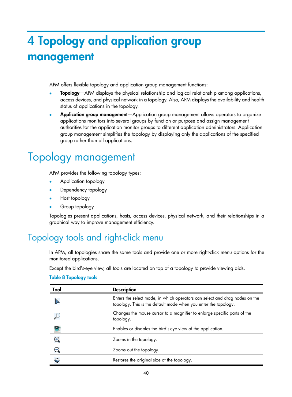 4 topology and application group management, Topology management, Topology tools and right-click menu | 4 topology and, Application group management, 4 topology, And application group management | H3C Technologies H3C Intelligent Management Center User Manual | Page 54 / 740