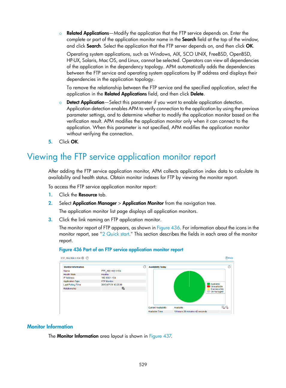 Viewing the ftp service application monitor report, Monitor information | H3C Technologies H3C Intelligent Management Center User Manual | Page 543 / 740