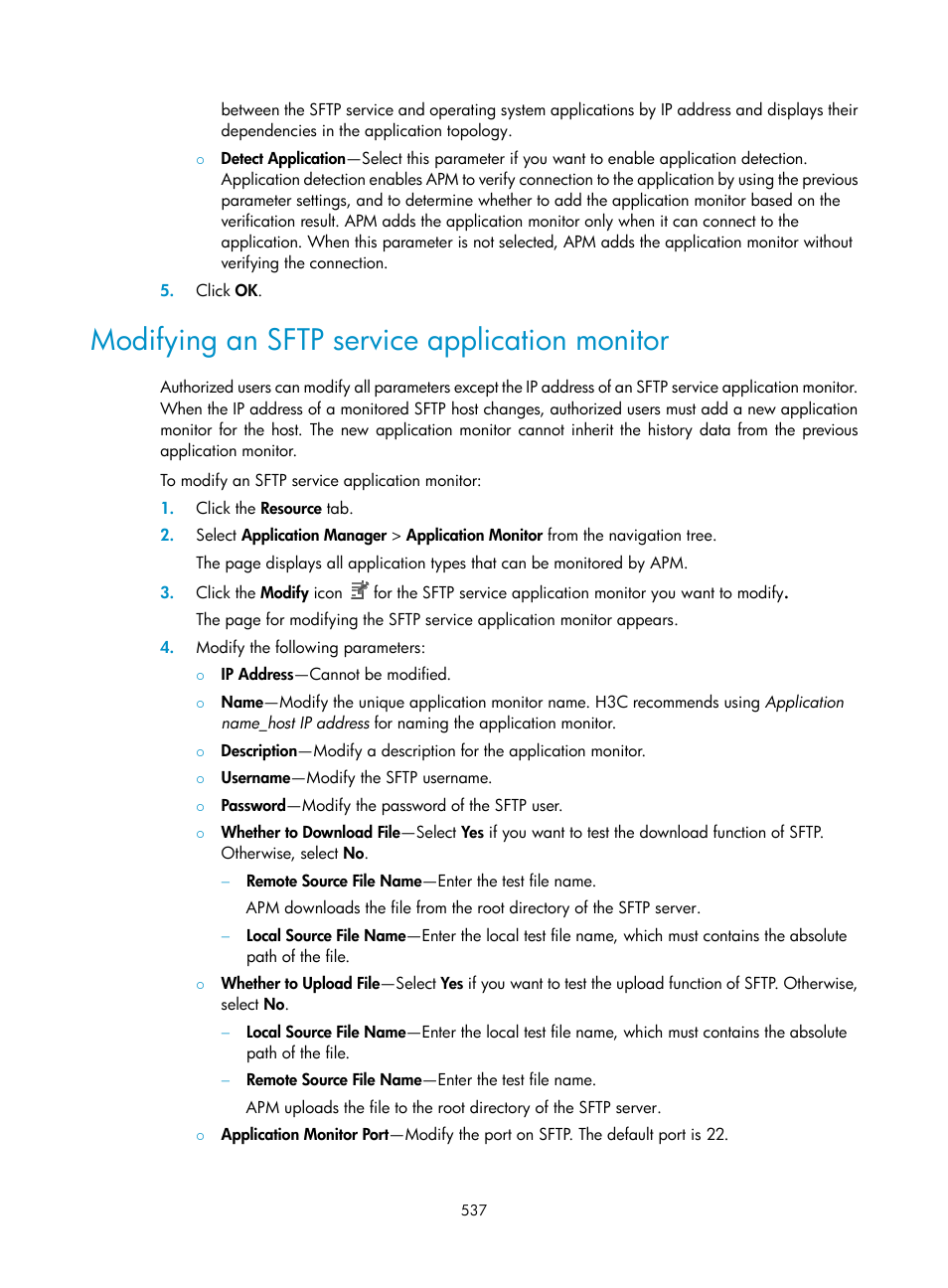 Modifying an sftp service application monitor | H3C Technologies H3C Intelligent Management Center User Manual | Page 551 / 740