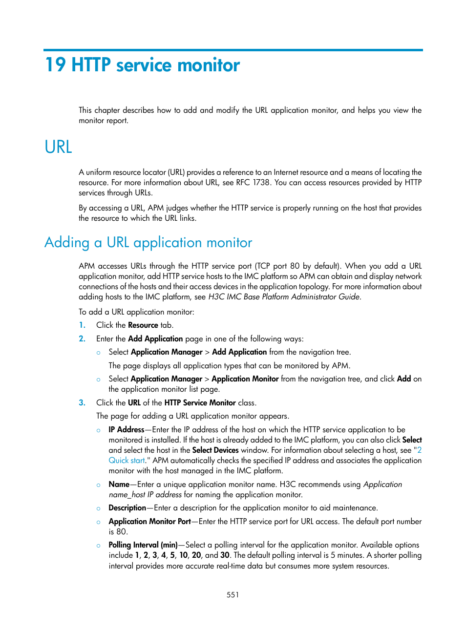 19 http service monitor, Adding a url application monitor | H3C Technologies H3C Intelligent Management Center User Manual | Page 565 / 740