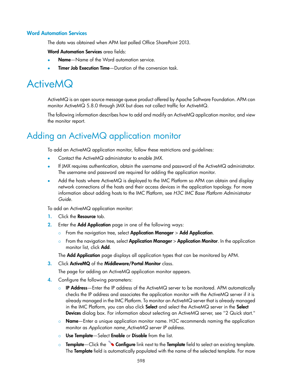 Word automation services, Activemq, Adding an activemq application monitor | H3C Technologies H3C Intelligent Management Center User Manual | Page 612 / 740