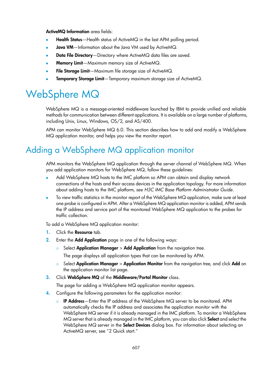 Websphere mq, Adding a websphere mq application monitor | H3C Technologies H3C Intelligent Management Center User Manual | Page 621 / 740