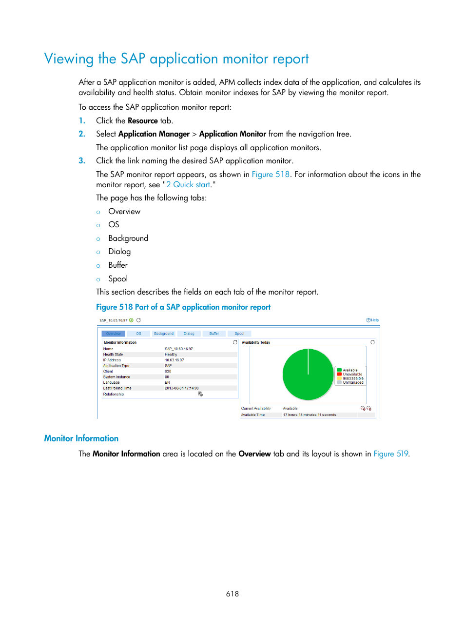 Viewing the sap application monitor report, Monitor information | H3C Technologies H3C Intelligent Management Center User Manual | Page 632 / 740