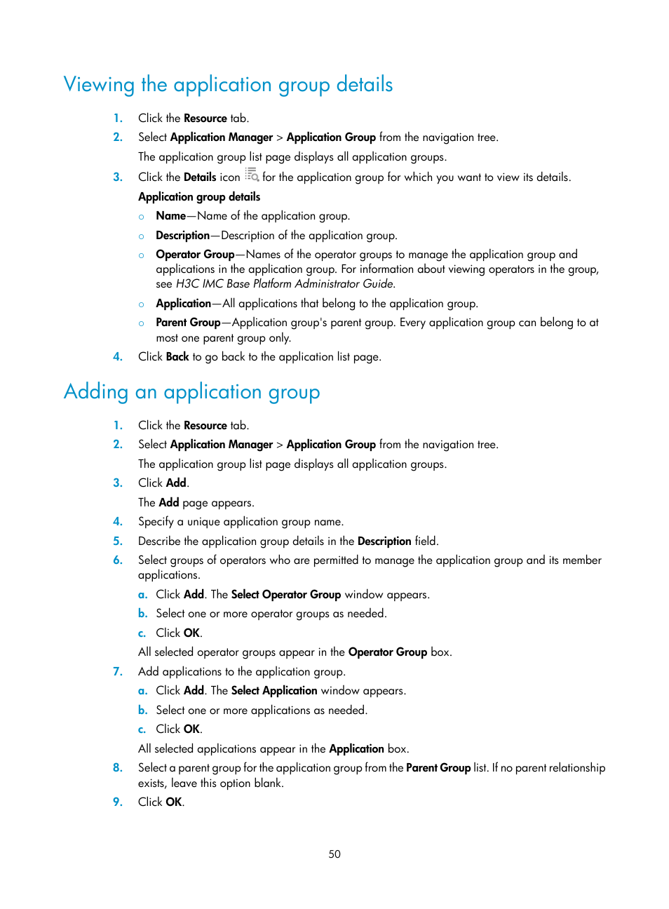 Viewing the application group details, Adding an application group | H3C Technologies H3C Intelligent Management Center User Manual | Page 64 / 740
