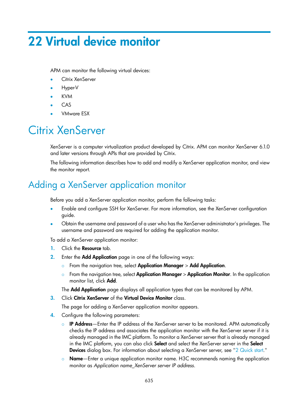 22 virtual device monitor, Citrix xenserver, Adding a xenserver application monitor | H3C Technologies H3C Intelligent Management Center User Manual | Page 649 / 740