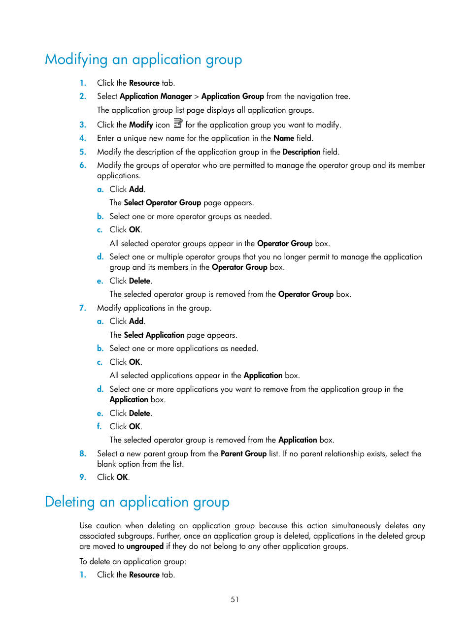 Modifying an application group, Deleting an application group | H3C Technologies H3C Intelligent Management Center User Manual | Page 65 / 740