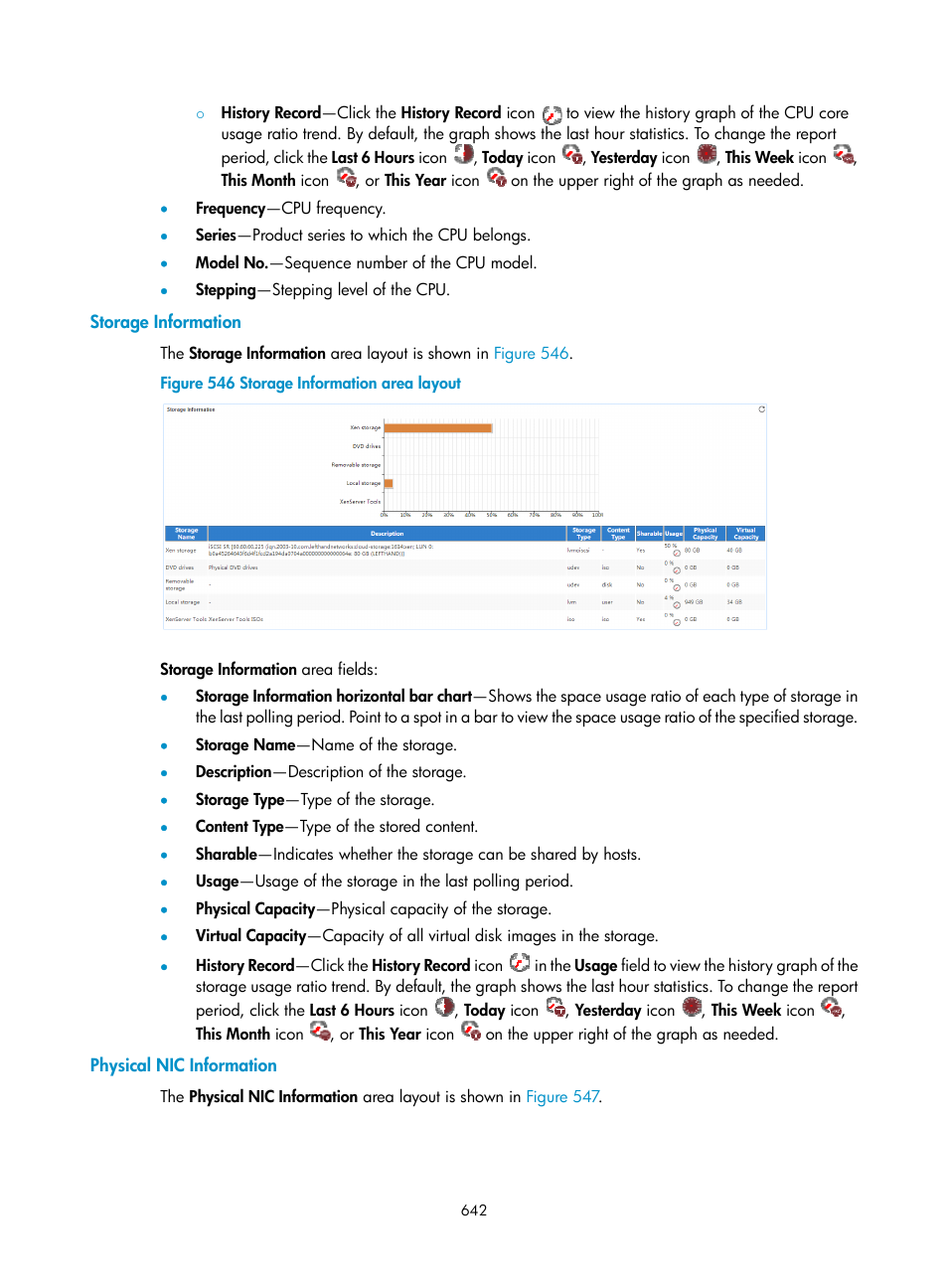 Storage information, Physical nic information | H3C Technologies H3C Intelligent Management Center User Manual | Page 656 / 740