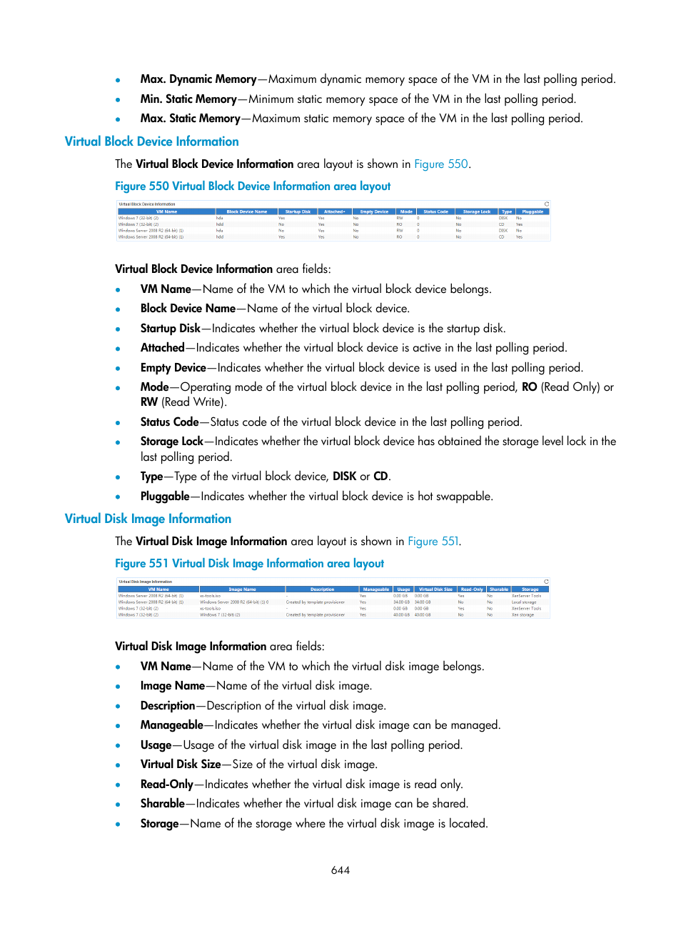 Virtual block device information, Virtual disk image information | H3C Technologies H3C Intelligent Management Center User Manual | Page 658 / 740