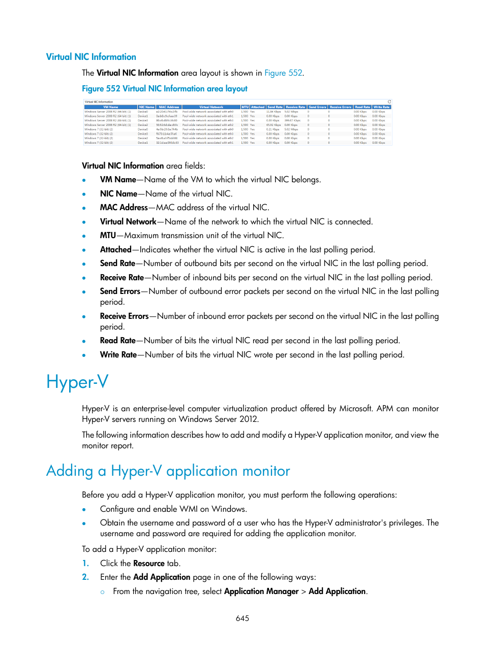 Virtual nic information, Hyper-v, Adding a hyper-v application monitor | H3C Technologies H3C Intelligent Management Center User Manual | Page 659 / 740