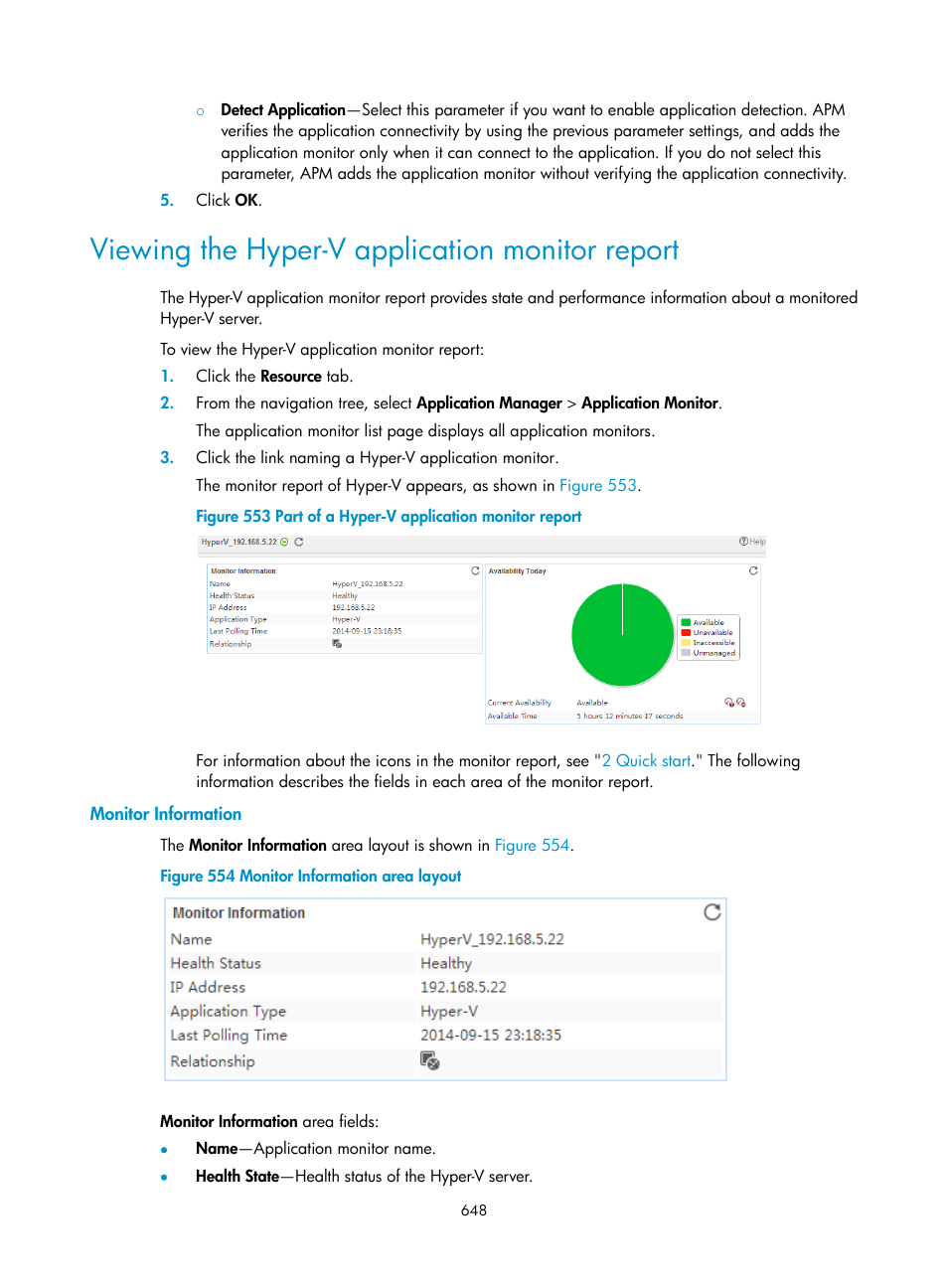 Viewing the hyper-v application monitor report, Monitor information | H3C Technologies H3C Intelligent Management Center User Manual | Page 662 / 740