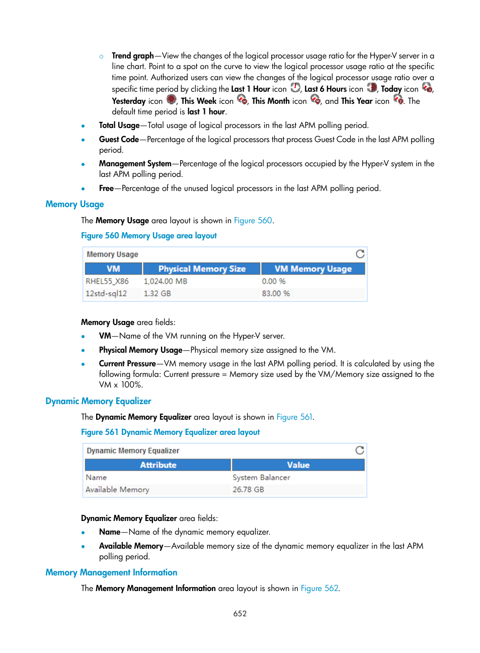 Memory usage, Dynamic memory equalizer, Memory management information | H3C Technologies H3C Intelligent Management Center User Manual | Page 666 / 740
