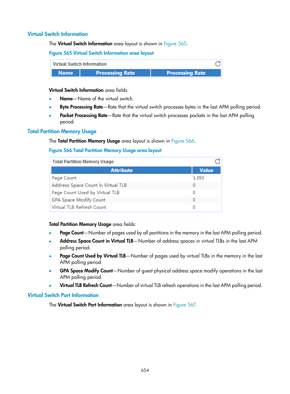 Virtual switch information, Total partition memory usage, Virtual switch port information | H3C Technologies H3C Intelligent Management Center User Manual | Page 668 / 740