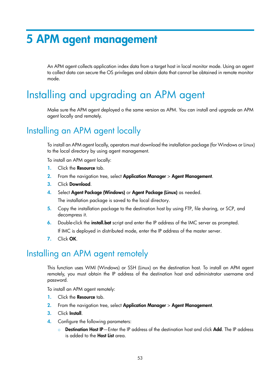 5 apm agent management, Installing and upgrading an apm agent, Installing an apm agent locally | Installing an apm agent remotely, 5 apm agent, Management | H3C Technologies H3C Intelligent Management Center User Manual | Page 67 / 740