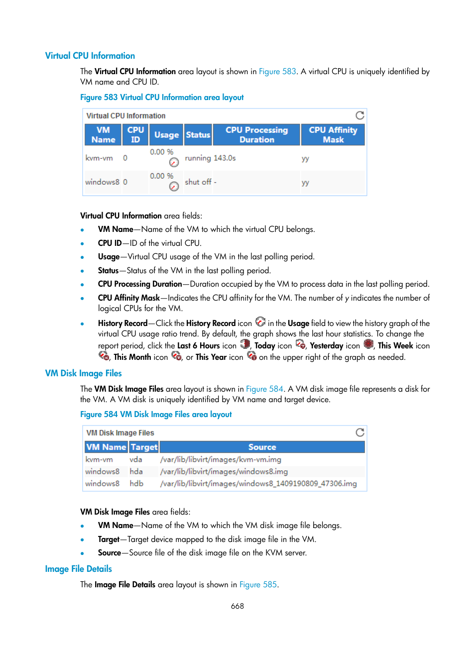 Virtual cpu information, Vm disk image files, Image file details | H3C Technologies H3C Intelligent Management Center User Manual | Page 682 / 740