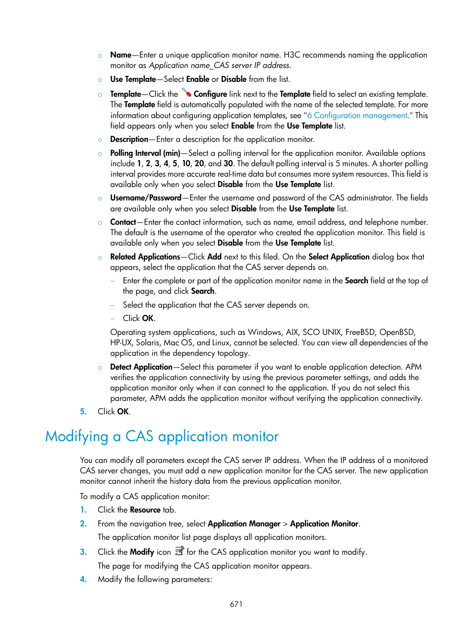 Modifying a cas application monitor | H3C Technologies H3C Intelligent Management Center User Manual | Page 685 / 740