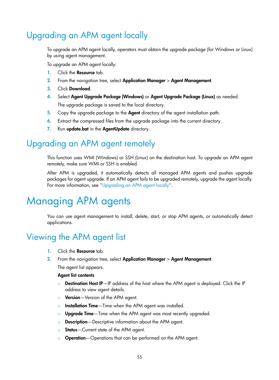 Upgrading an apm agent locally, Upgrading an apm agent remotely, Managing apm agents | Viewing the apm agent list | H3C Technologies H3C Intelligent Management Center User Manual | Page 69 / 740