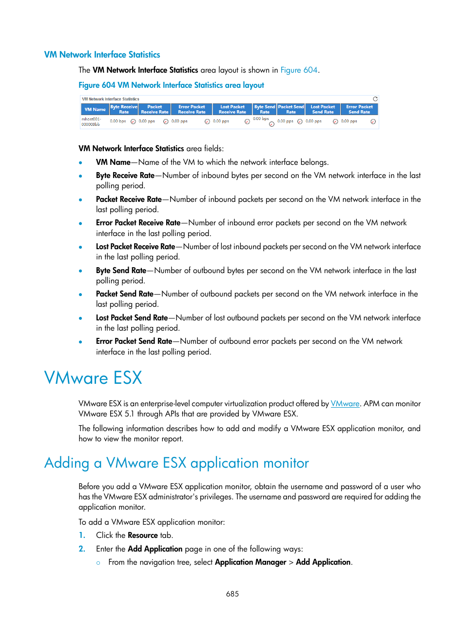Vm network interface statistics, Vmware esx, Adding a vmware esx application monitor | H3C Technologies H3C Intelligent Management Center User Manual | Page 699 / 740