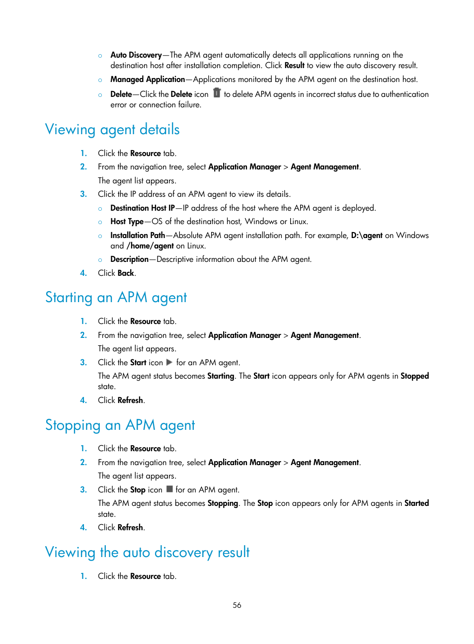 Viewing agent details, Starting an apm agent, Stopping an apm agent | Viewing the auto discovery result | H3C Technologies H3C Intelligent Management Center User Manual | Page 70 / 740