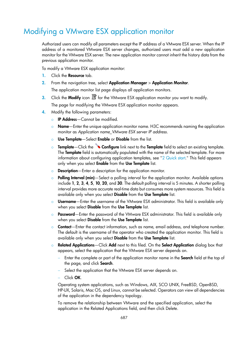 Modifying a vmware esx application monitor | H3C Technologies H3C Intelligent Management Center User Manual | Page 701 / 740