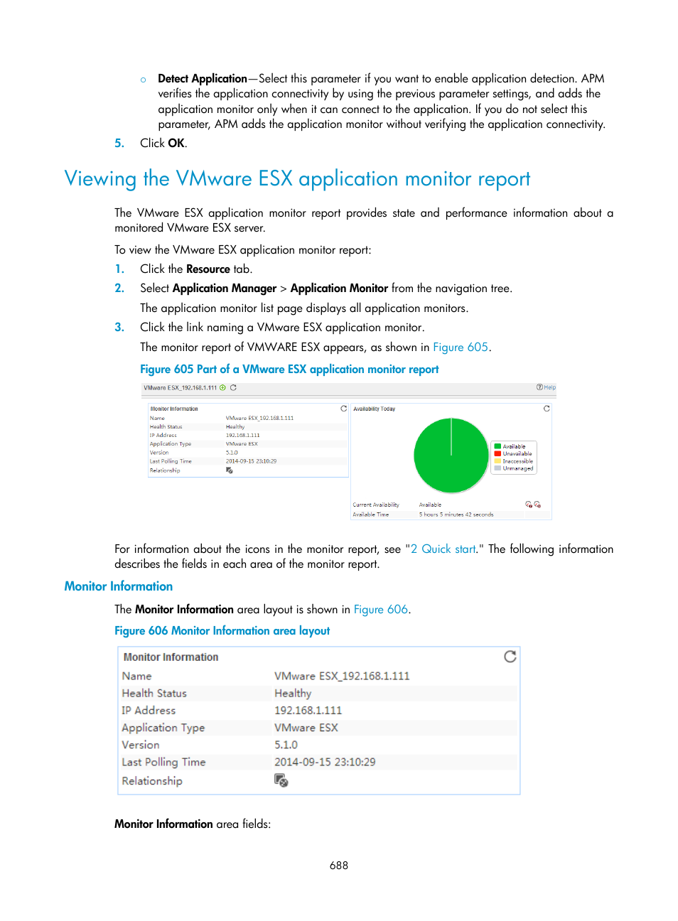 Viewing the vmware esx application monitor report, Monitor information | H3C Technologies H3C Intelligent Management Center User Manual | Page 702 / 740
