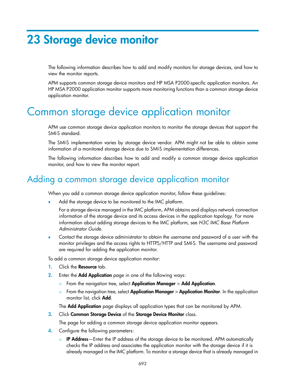 23 storage device monitor, Common storage device application monitor, Adding a common storage device application monitor | H3C Technologies H3C Intelligent Management Center User Manual | Page 707 / 740