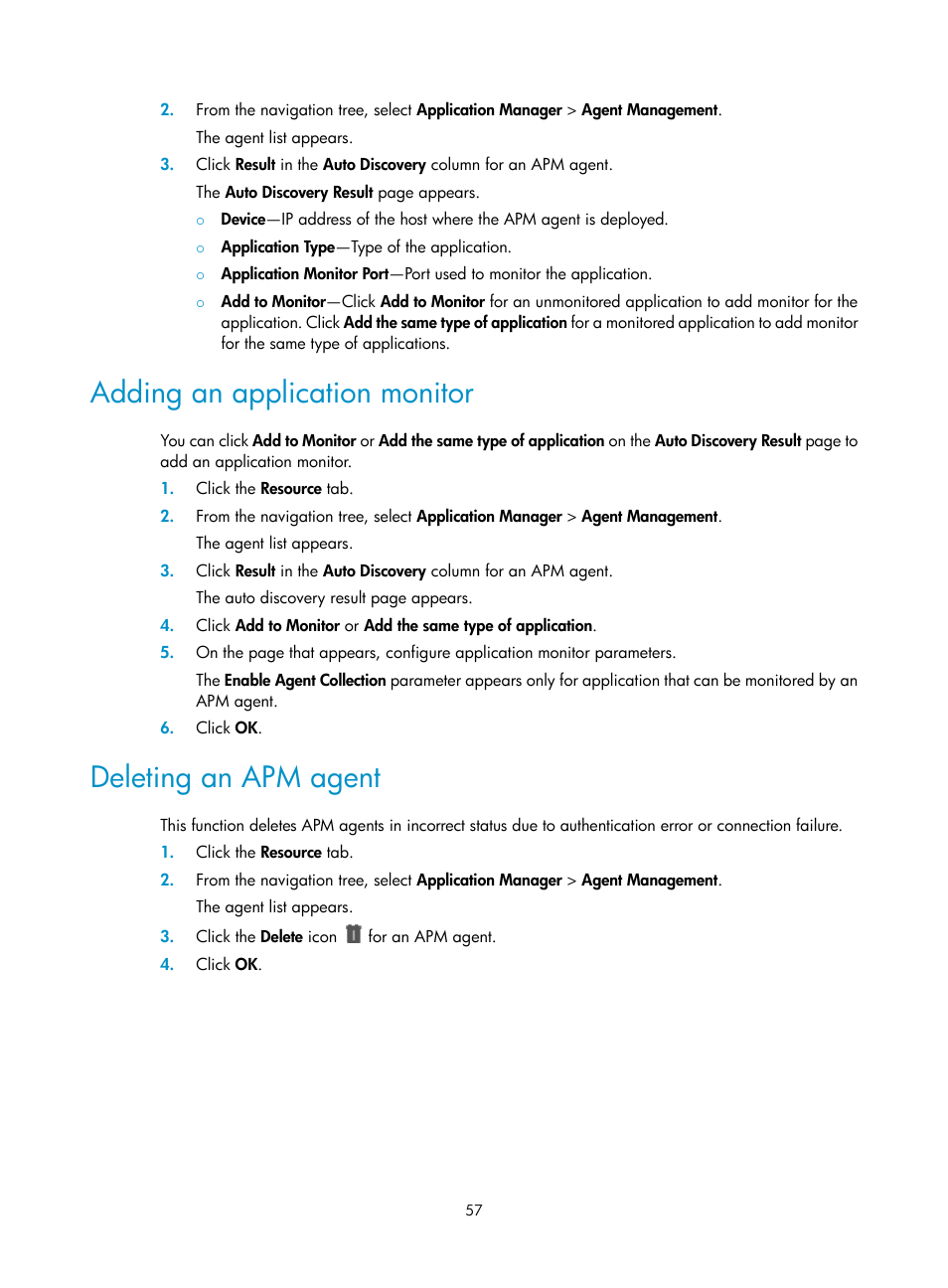 Adding an application monitor, Deleting an apm agent | H3C Technologies H3C Intelligent Management Center User Manual | Page 71 / 740
