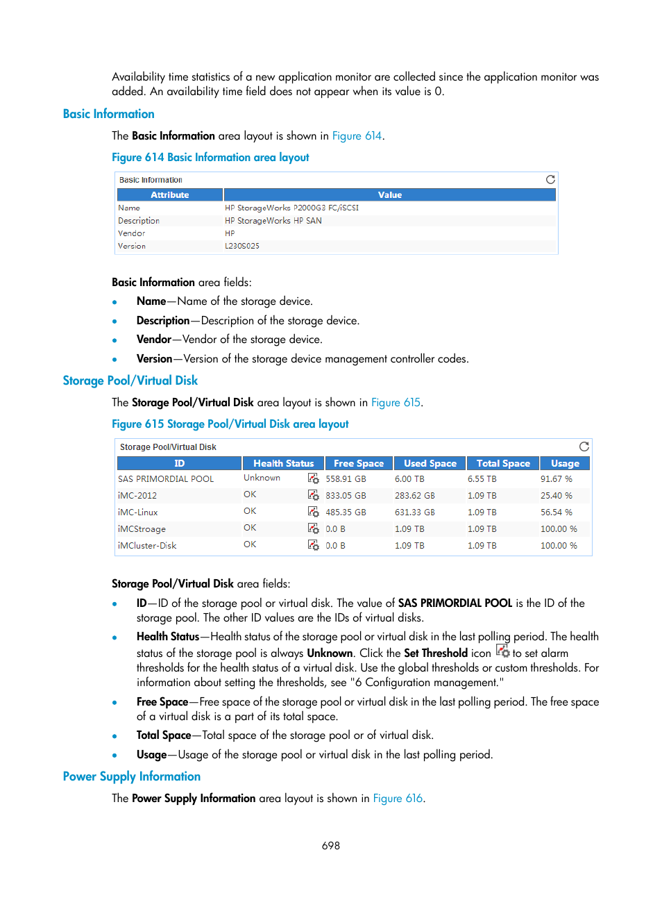 Basic information, Storage pool/virtual disk, Power supply information | H3C Technologies H3C Intelligent Management Center User Manual | Page 712 / 740