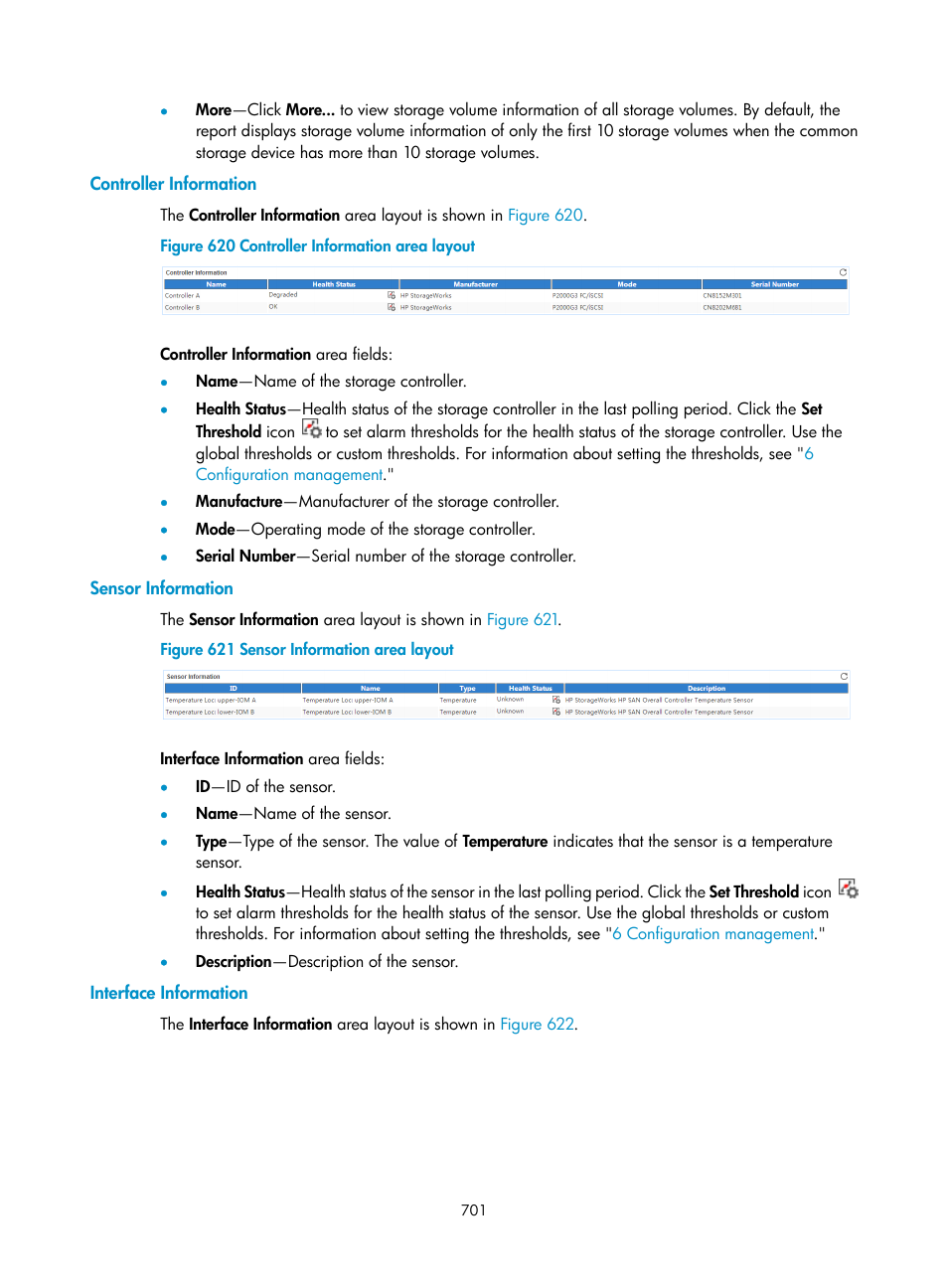 Controller information, Sensor information, Interface information | H3C Technologies H3C Intelligent Management Center User Manual | Page 715 / 740