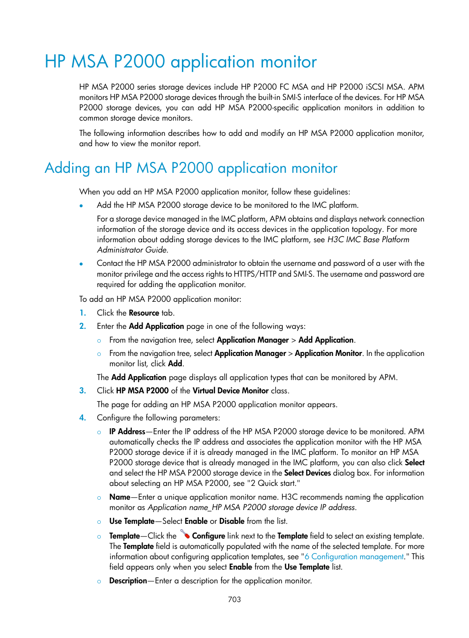 Hp msa p2000 application monitor, Adding an hp msa p2000 application monitor | H3C Technologies H3C Intelligent Management Center User Manual | Page 717 / 740