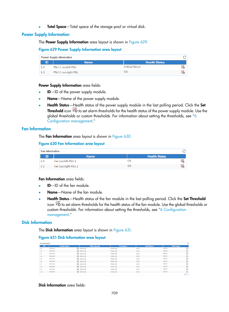 Power supply information, Fan information, Disk information | H3C Technologies H3C Intelligent Management Center User Manual | Page 723 / 740