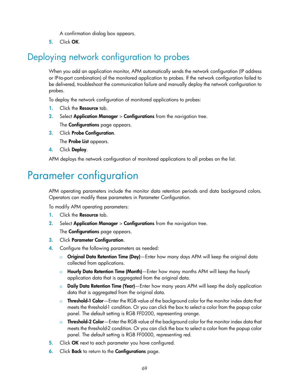Deploying network configuration to probes, Parameter configuration | H3C Technologies H3C Intelligent Management Center User Manual | Page 83 / 740
