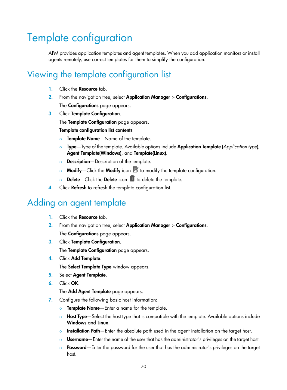 Template configuration, Viewing the template configuration list, Adding an agent template | H3C Technologies H3C Intelligent Management Center User Manual | Page 84 / 740