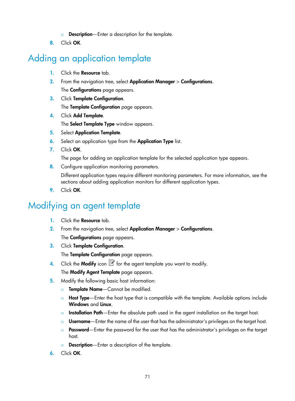 Adding an application template, Modifying an agent template | H3C Technologies H3C Intelligent Management Center User Manual | Page 85 / 740