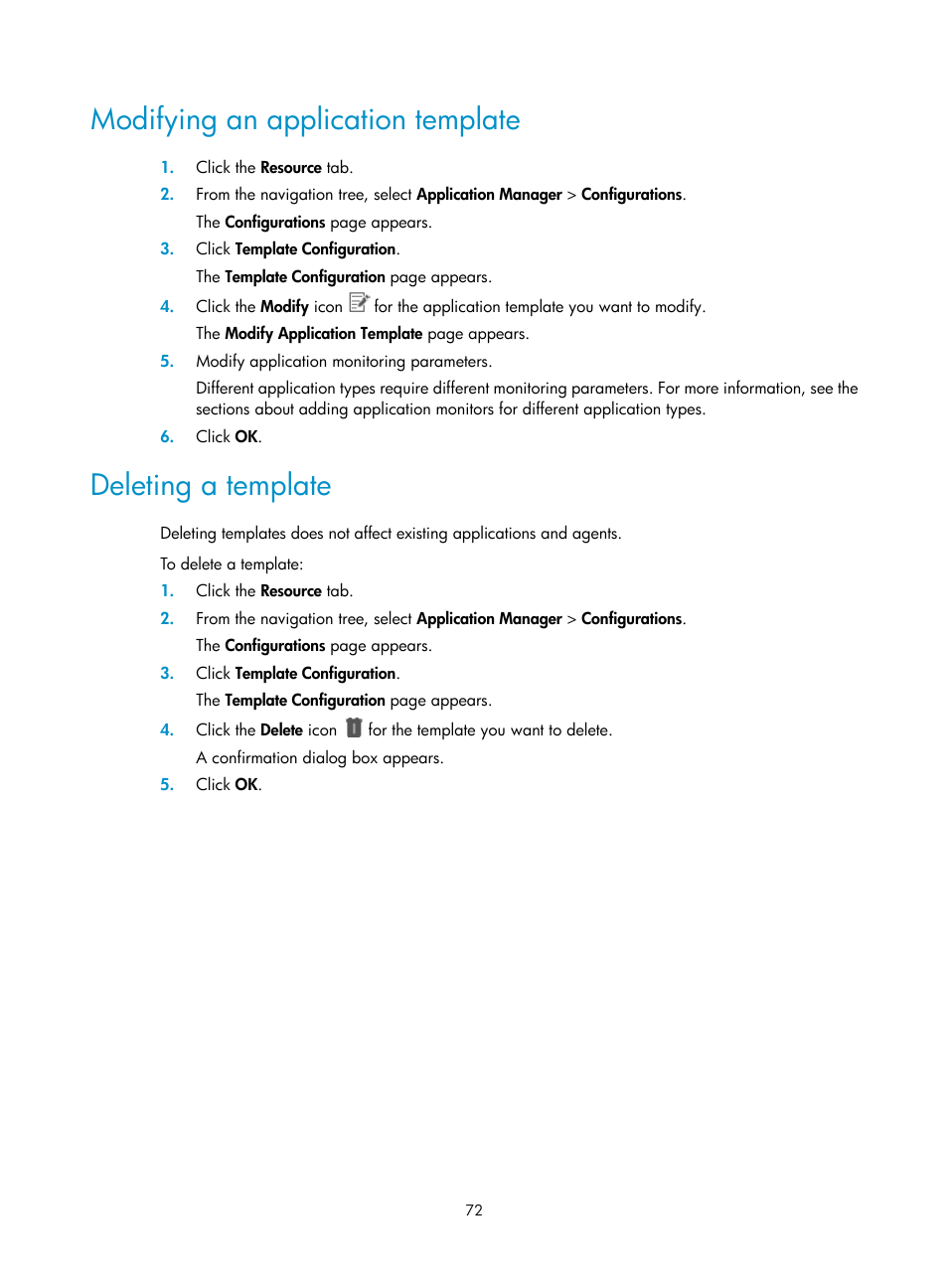 Modifying an application template, Deleting a template | H3C Technologies H3C Intelligent Management Center User Manual | Page 86 / 740