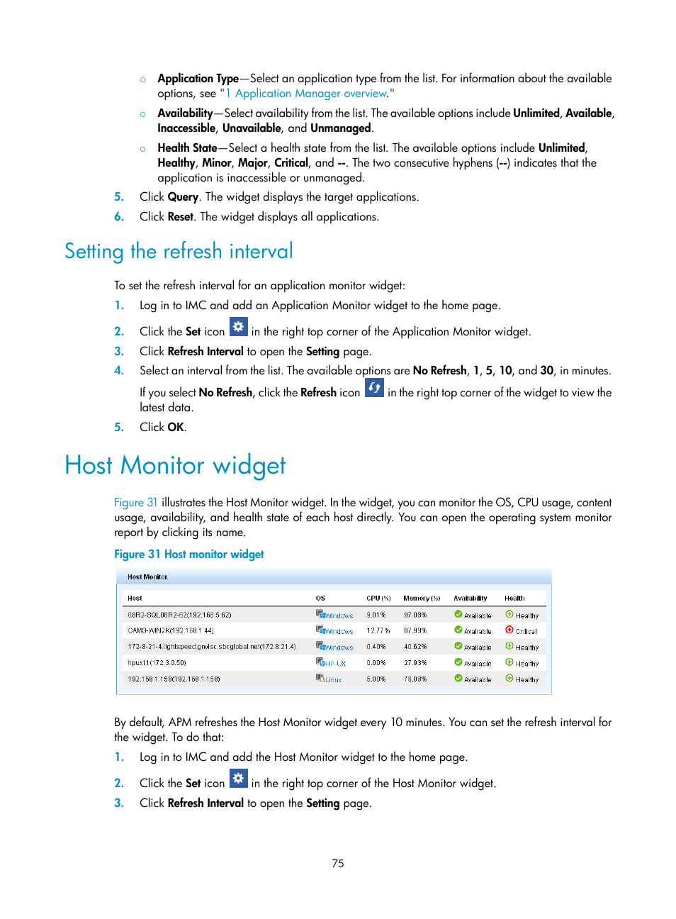 Setting the refresh interval, Host monitor widget | H3C Technologies H3C Intelligent Management Center User Manual | Page 89 / 740