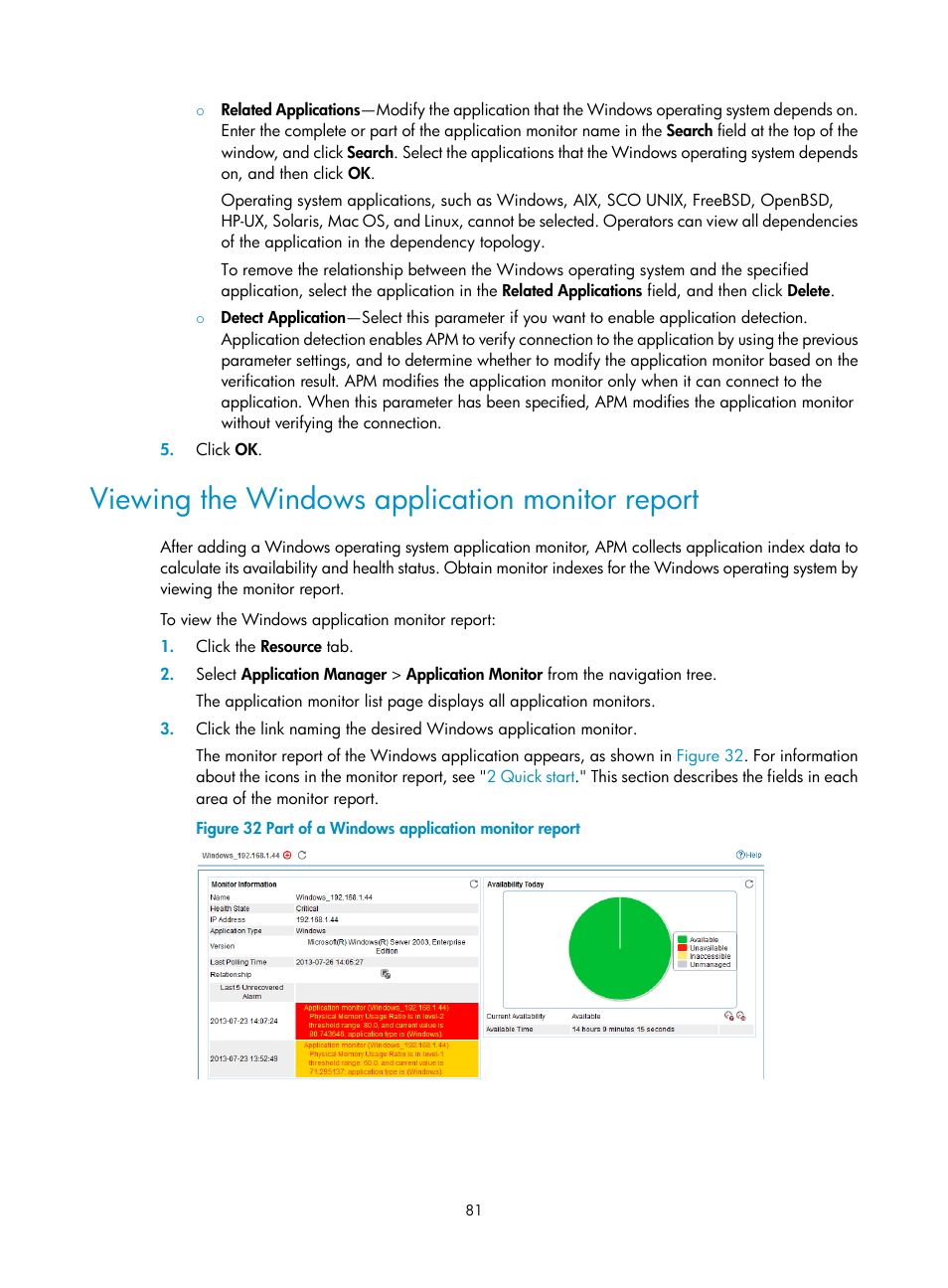 Viewing the windows application monitor report | H3C Technologies H3C Intelligent Management Center User Manual | Page 95 / 740