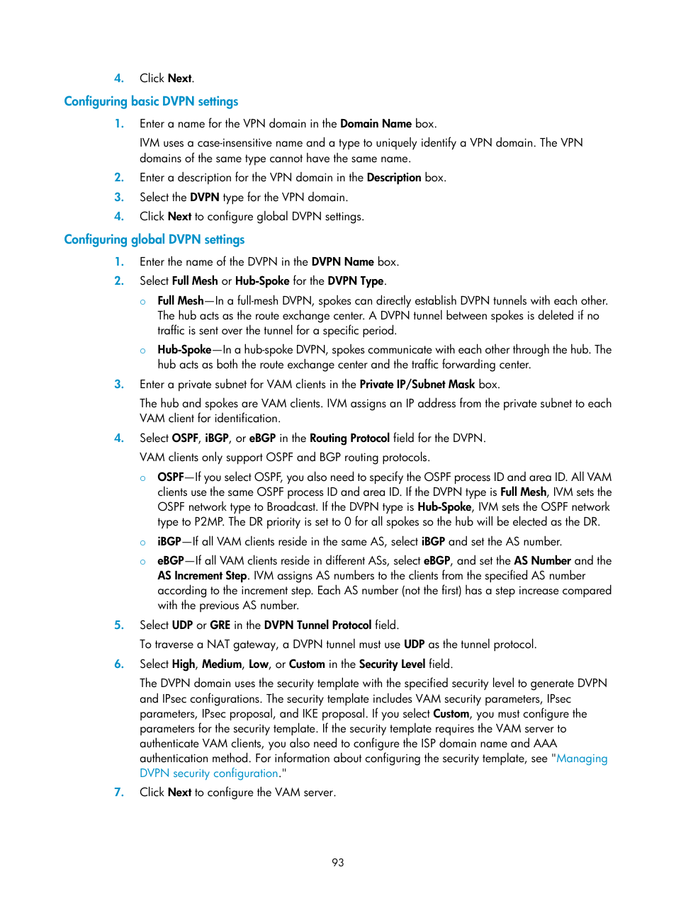 Configuring basic dvpn settings, Configuring global dvpn settings | H3C Technologies H3C Intelligent Management Center User Manual | Page 103 / 213