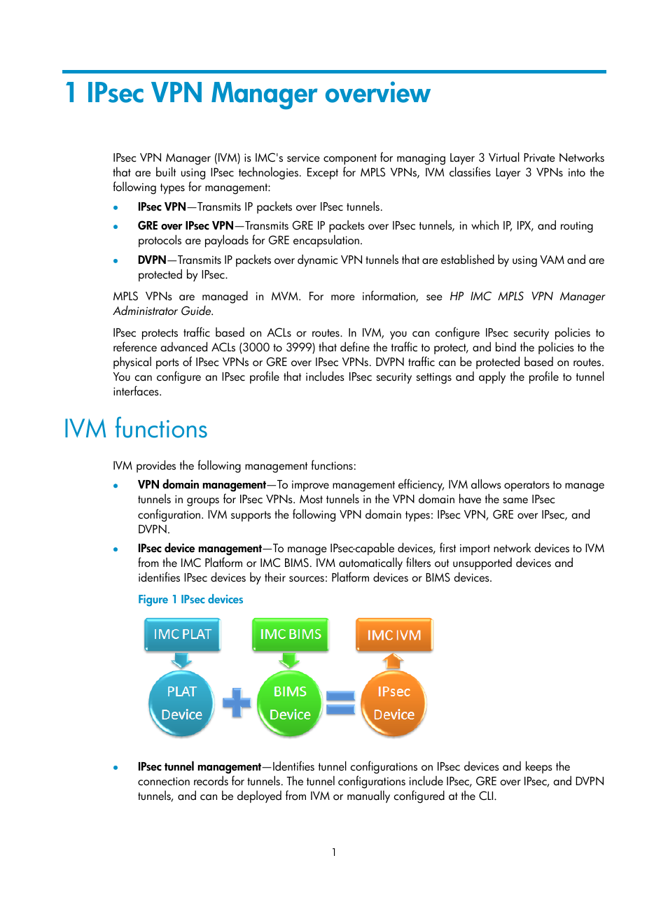 1 ipsec vpn manager overview, Ivm functions | H3C Technologies H3C Intelligent Management Center User Manual | Page 11 / 213