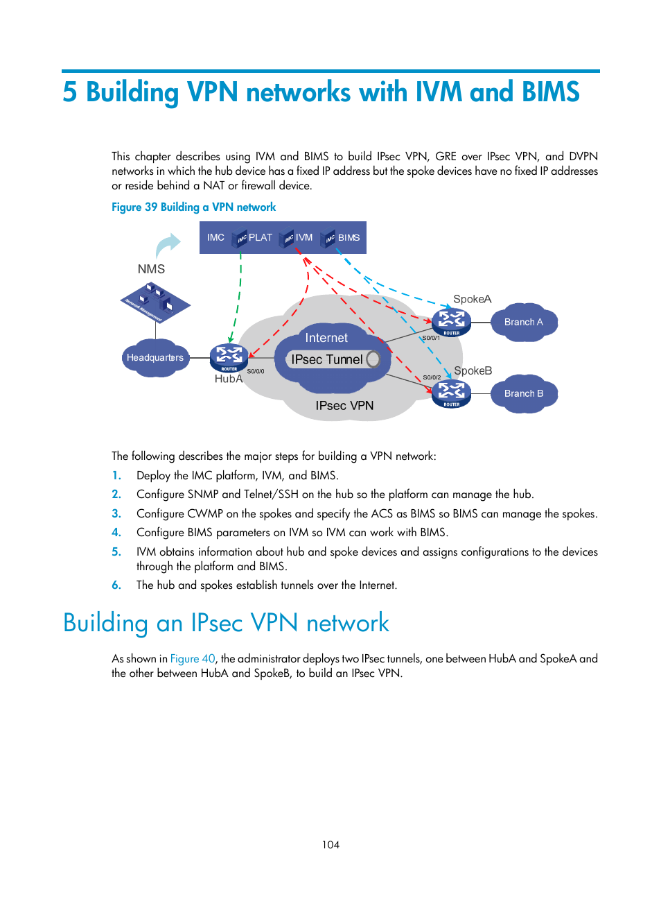 5 building vpn networks with ivm and bims, Building an ipsec vpn network | H3C Technologies H3C Intelligent Management Center User Manual | Page 114 / 213