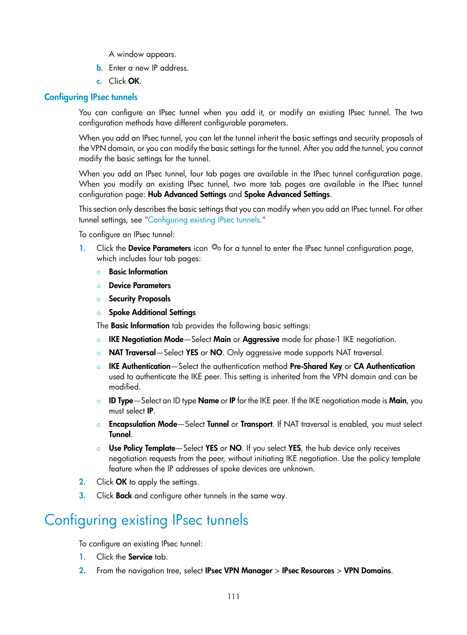 Configuring ipsec tunnels, Configuring existing ipsec tunnels | H3C Technologies H3C Intelligent Management Center User Manual | Page 121 / 213