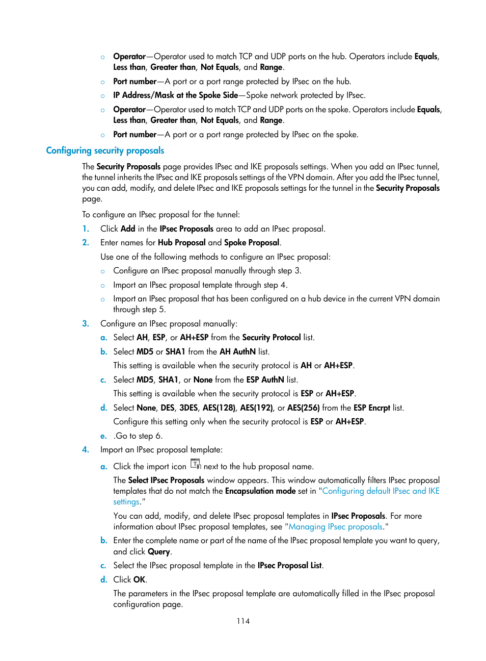 Configuring security proposals | H3C Technologies H3C Intelligent Management Center User Manual | Page 124 / 213