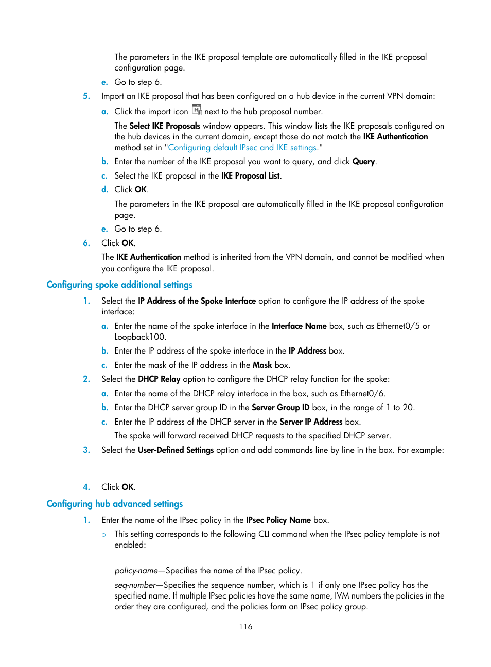 Configuring spoke additional settings, Configuring hub advanced settings | H3C Technologies H3C Intelligent Management Center User Manual | Page 126 / 213