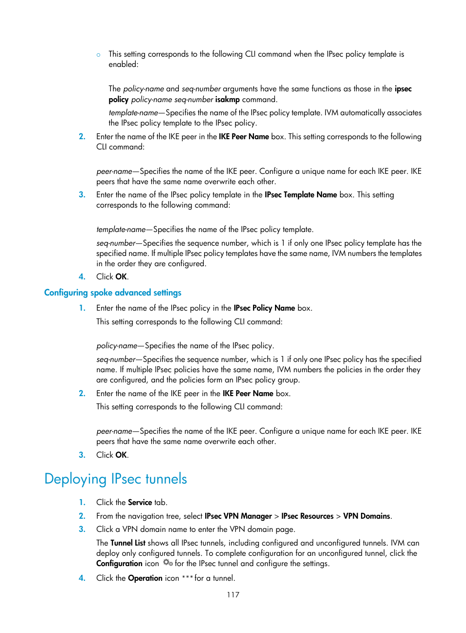 Configuring spoke advanced settings, Deploying ipsec tunnels | H3C Technologies H3C Intelligent Management Center User Manual | Page 127 / 213