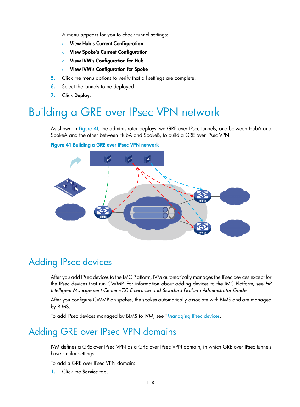 Building a gre over ipsec vpn network, Adding ipsec devices, Adding gre over ipsec vpn domains | H3C Technologies H3C Intelligent Management Center User Manual | Page 128 / 213