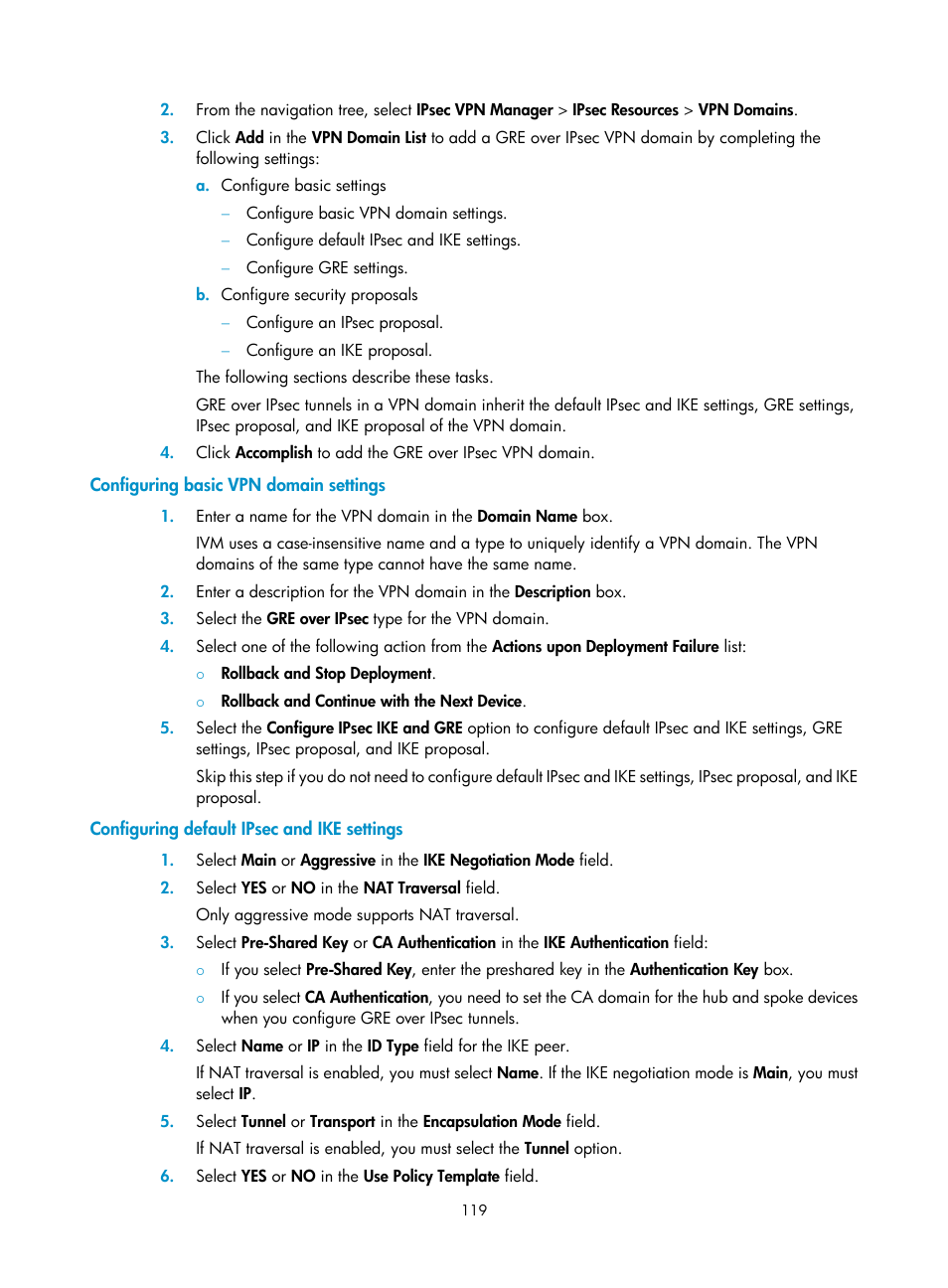 Configuring basic vpn domain settings, Configuring default ipsec and ike settings | H3C Technologies H3C Intelligent Management Center User Manual | Page 129 / 213