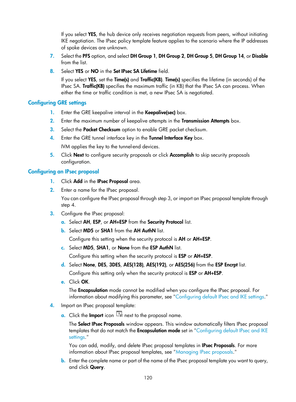 Configuring gre settings, Configuring an ipsec proposal | H3C Technologies H3C Intelligent Management Center User Manual | Page 130 / 213